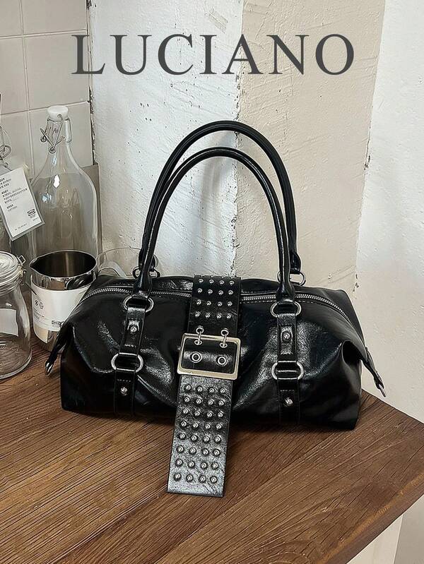 American Vintage Motorcycle Style Black Boston Bag, Y2K Hot Girl Commuter Large Capacity Crossbody Bag, Street Personalized Punk Style Rivet Belt Buckle Shoulder Bag, Durable PU Leather Multi-Carry Underarm Bag