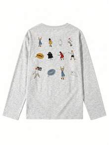 Kaos Lengan Panjang Wanita Longgar, Modis, Serbaguna dengan Motif Kartun, Kasual Musim Semi/Gugur - Abu-abu muda - View 6