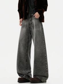 Hearty Haven 1 potong Celana Jeans Denim Pria Model Longgar Gaya Vintage Retro Washed Wide Leg Serbaguna (Tanpa Sabuk dan Aksesoris) - Grey - View 9