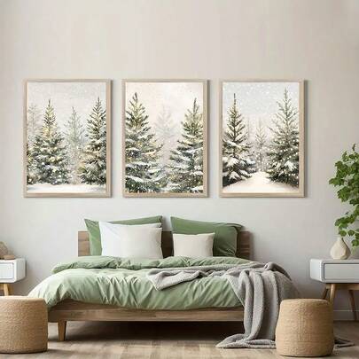 1/3Pcs Framed/Unframed Canvas Poster Set, Watercolor Snowy Pine Forest Wall Art, Soft Winter Landscape With Falling Snow And Warm Fairy Lights Print, Neutral Muted Tone Christmas Artwork, Seasonal Home Decor For Bedroom, Living Room And Hallway