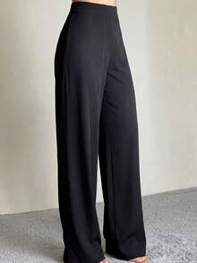 Elegant Casual Commute Minimalist Daily Office Business Solid Color Straight Leg Pants - Black - View 2