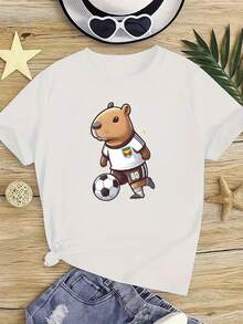 Tween Girl Customized Cotton Top, Spring/Summer Round Neck Short Sleeved T-Shirt With Cartoon Soccer Print, Suitable For Daily Casual Wear And Vacation - White - View 4