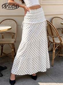 Aflion Women Summer Fall White Polka Dot Maxi Skirt, Elastic High Waist Ruffle Hem Skirt With Side Drawstring For Daily, Date & Vacation - White - View 5