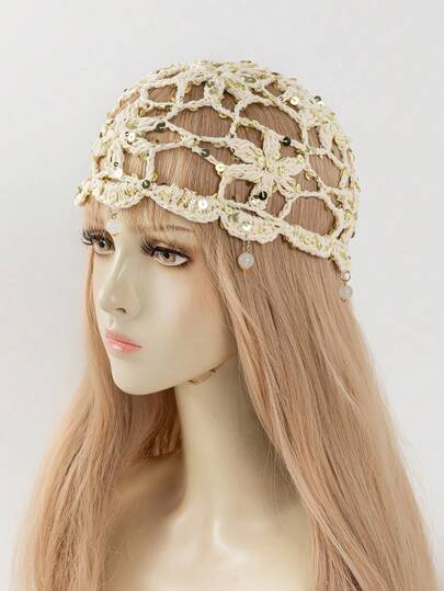 1pc Women's Floral Sequin Bead Pendant Handmade Crochet Hat, Fashionable Spring/Autumn Hollow Thin Knit Cap, Suitable For Bohemian Style, Beach, Travel, Daily Wear