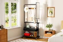 Robust Clothes Stand With Wheels - 3-In-1 Design With Basket And Mirror - 黑色和棕色 - 查看 5