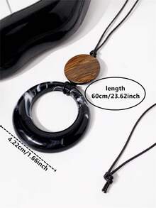1pc Vintage Black Leather Cord Long Round Pendant Necklace, Suitable For Women's Daily Wear, Minimalist Style - Black Geometric Long Necklace - View 3