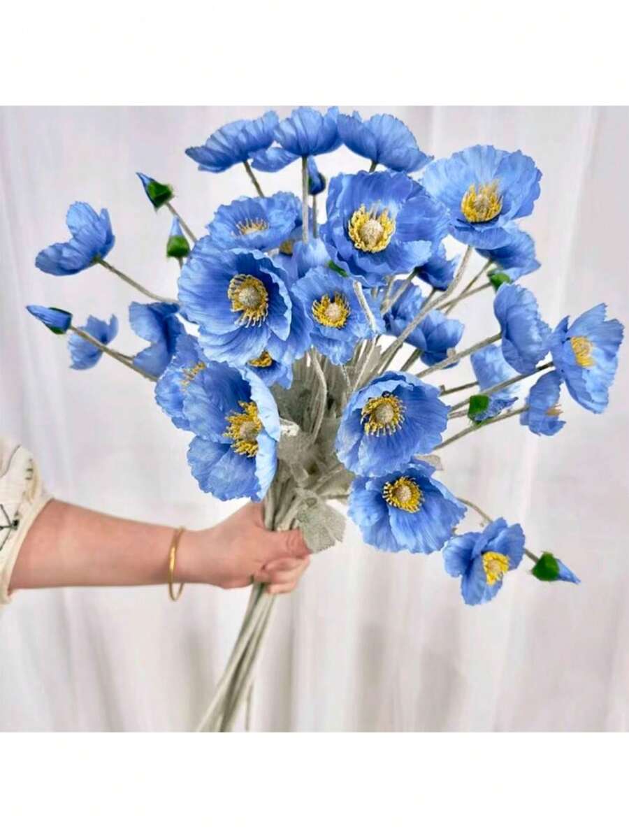 1/3pcs Poppy Flowers, Minimalist Modern Style, Bendable And Fade-Resistant, Suitable For DIY Flower Wall, Scene Arrangement, Living Room Decor, Party Decoration, Room Decor, Home Decor, Wedding, Garden And Outdoor Decoration - Ice Blue - View 1