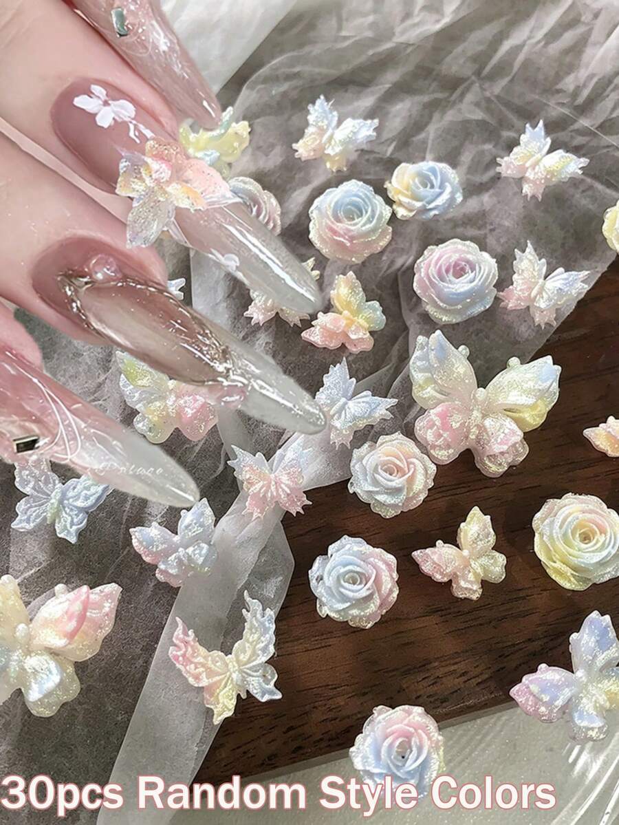30件夢幻漸層玫瑰花與蝴蝶美甲裝飾，甜美馬卡龍色樹脂山茶花、向日葵、百合美甲配件指甲飾品