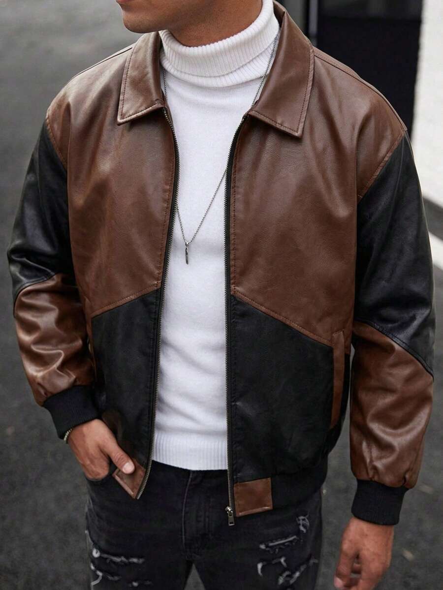 Men's Spring/Autumn Fashion Casual Daily Wear Fitted Lapel PU Leather Jacket - Brown - View 1