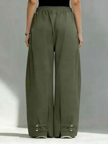 Quần ống rộng nữ màu xanh lá bằng polyester, dây rút, dáng rộng thoải mái, có túi, phù hợp mặc thường ngày - màu xanh lá - Xem 2