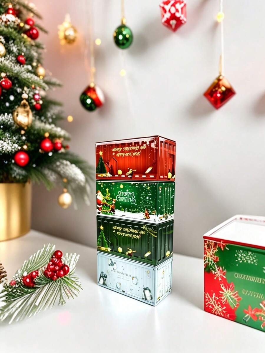 Christmas Container Shaped Metal Tin Storage Box, Santa Claus Printed Stackable Iron Storage Can, Mini Gift Tin Jar, Festive Desktop Organizer, Christmas & Housewarming Gift Box, Suitable For Storing Candies, Jewelry And All Kinds Of Small Sundries - Multicolor - View 1
