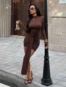 Women's Autumn Dress With Ribbon Tie Half-High Neck Elegant Base Dress For Birthday, Holiday, Party - Brown - View 5