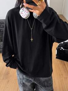 女款圓領長袖標準版型寬鬆T恤，時尚百搭休閒春秋新款上衣 - 黑色 - 查看 4