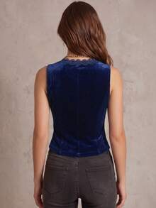 Tank Top Beludru Leher V Wanita, Atasan Tank Top Beludru dengan Hiasan Renda dan Kancing, Kasual untuk Musim Panas - Biru laut - View 3