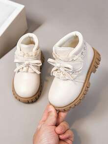 1 Pair Kids Fashion New Smooth PU Material Hook And Loop Design Easy To Wear Bow Decor Non-Slip Soft Durable Outdoor Girls Boots Suitable For School Outdoor Daily Wear School Shoes - Beige - View 3