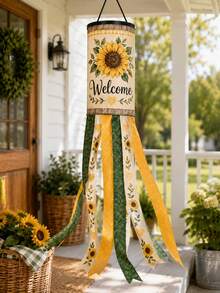 1pc Sunflower Welcome Wind Vane, Farmhouse Style Polyester Hanging Wind Chime With Cylindrical Top, Yellow-Green Long Tassel Tail, Floral Heart Print, Suitable For Porch, Patio, Balcony, Garden, Yard, Front Door, Summer & Autumn Home Decor - A - View 5