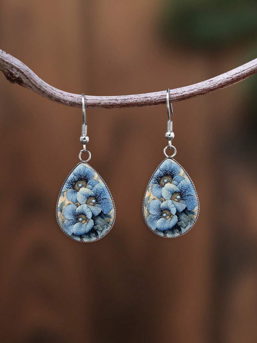 1 Pair Elegant Blue Pearl Floral Pattern With 316 Stainless Steel Water Drop Ear Hooks, Suitable For Women's Daily Wear - Blue - View 1
