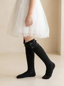 1 Pair Cotton Bow Girls Socks, Cute Children's Mid-Calf Socks, Spring Summer Autumn Girls Ruffle Socks, Princess Socks - Black - View 6