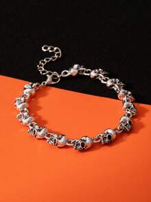 1pc Gothic Punk Skull Chain Bracelet, Halloween Jewelry Decoration - Antique Silver - View 4