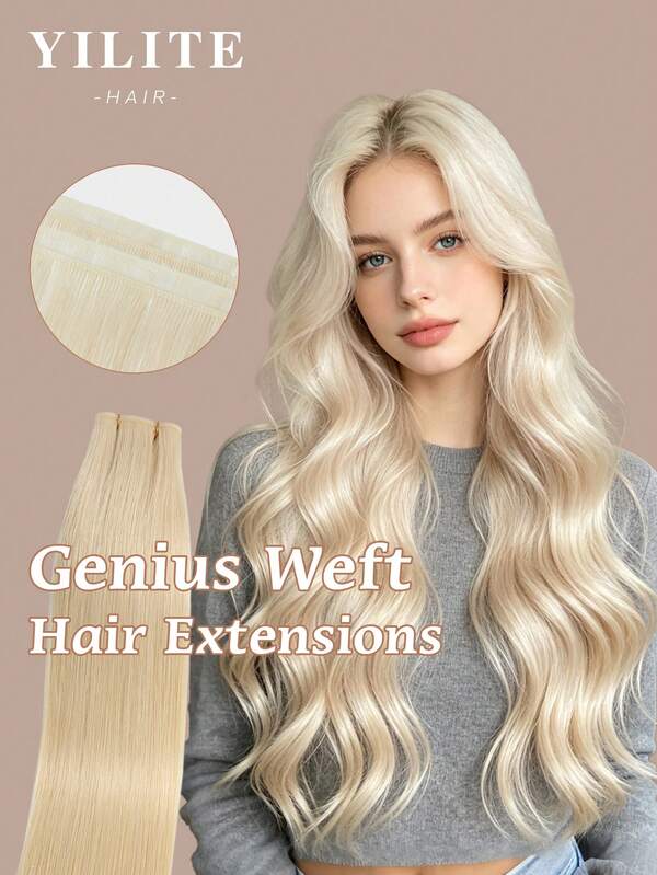 Tóc nối Yilite 18 inch 50g #60 vàng bạch kim thẳng mượt kiểu Genius Weft, tóc thật khâu vào, tóc nối thật buộc tay