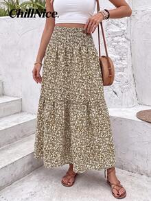 Women's Long Floral Print Skirt With Casual Elastic Waist And Ruffled Hem, A-Line Skirt For Spring And Summer Vacations - Khaki - View 3