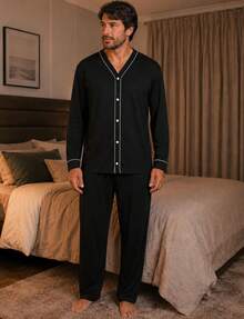 Pijama Masculino Longo Adulto Manga Longa Calça Comprida - Preto - Visão 4