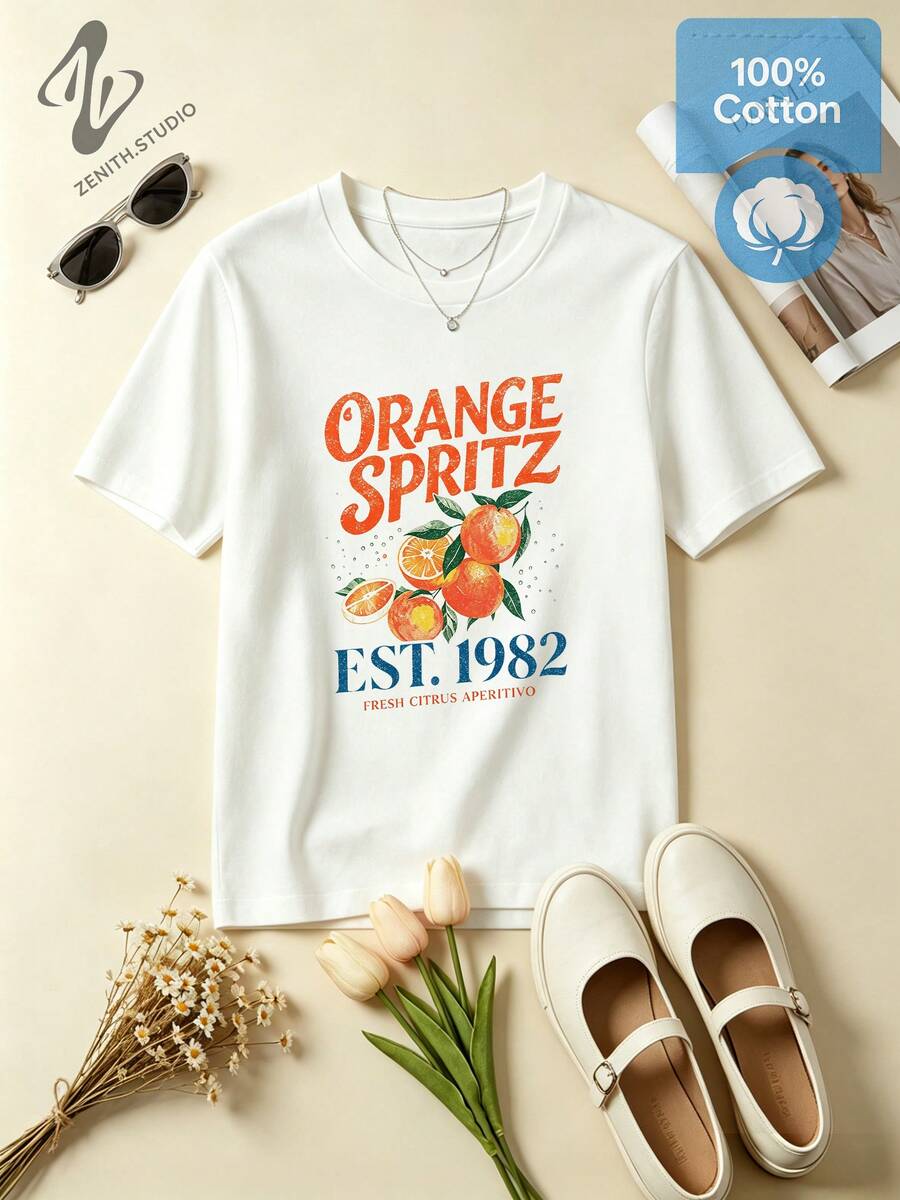 ORANGE SPRITZ Retro Casual Cotton Citrus Fruit Graphic T-Shirt For Summer Weekend Leisure - 白色 - 查看 1