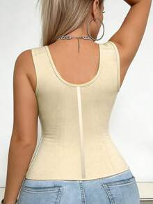 1pc Women's Bust Shaping & Tummy Control Shapewear, Double Layer Tight Waist Sculpting, Abdominal Control Body Shaper, Suitable For Multiple Occasions - Khaki - View 3