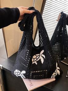 女款鉤編海灘托特包，海龜圖案，大容量編織手提包，波希米亞風，適合海灘、度假、旅行、工作與上學 - 黑色 - 查看 6