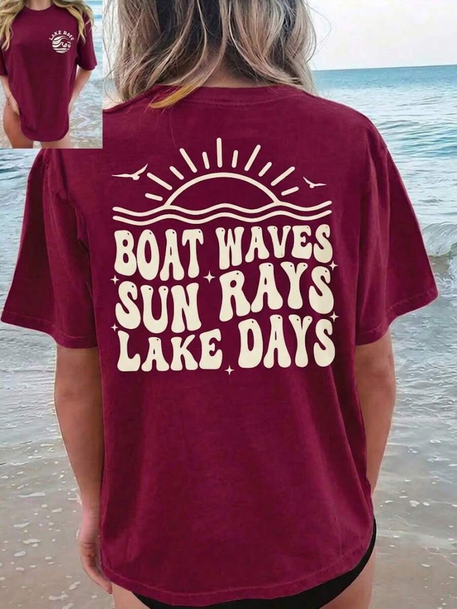 Cotton T-Shirt-[Double-Sided Print]Boat Letter Print Short-Sleeve Round Neck T-Shirt-Short Sleeve Crew Neck T-Shirt-Vacation Outfits Women-Summer Tops - 酒紅色 - 查看 1