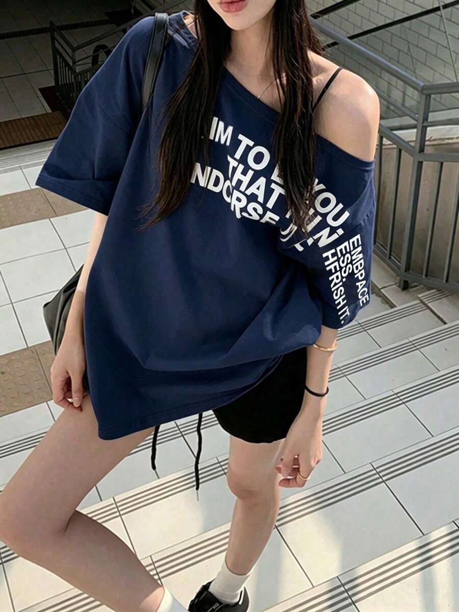 Summer Off Shoulder Top, Loose Mustard Yellow Asymmetrical Shoulder Letter Print Short Sleeve T-Shirt Casual - Navy Blue - View 1