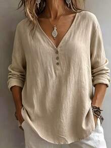 Women's Elegant Long Sleeve Button-Up Shirt, Regular Fit Solid Color Top, Suitable For Spring And Autumn, Casual Vacation Style Regular Hem Top - Khaki - View 8