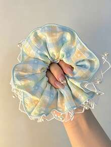 1pc Macaron Colorful Plaid Large Heart Lace Trim Scrunchie, 15cm/5.91in Women's French Style Hair Tie For Bun, All-Season Hair Accessory, Light Luxury Style - Multicolor - View 9