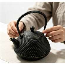 1pc Handmade Textured Cast Iron Teapot, Japanese Style Textured Cast Iron Teapot, Suitable For Outdoor Tea Mats And Indoor Tea Rooms. - Black - View 6