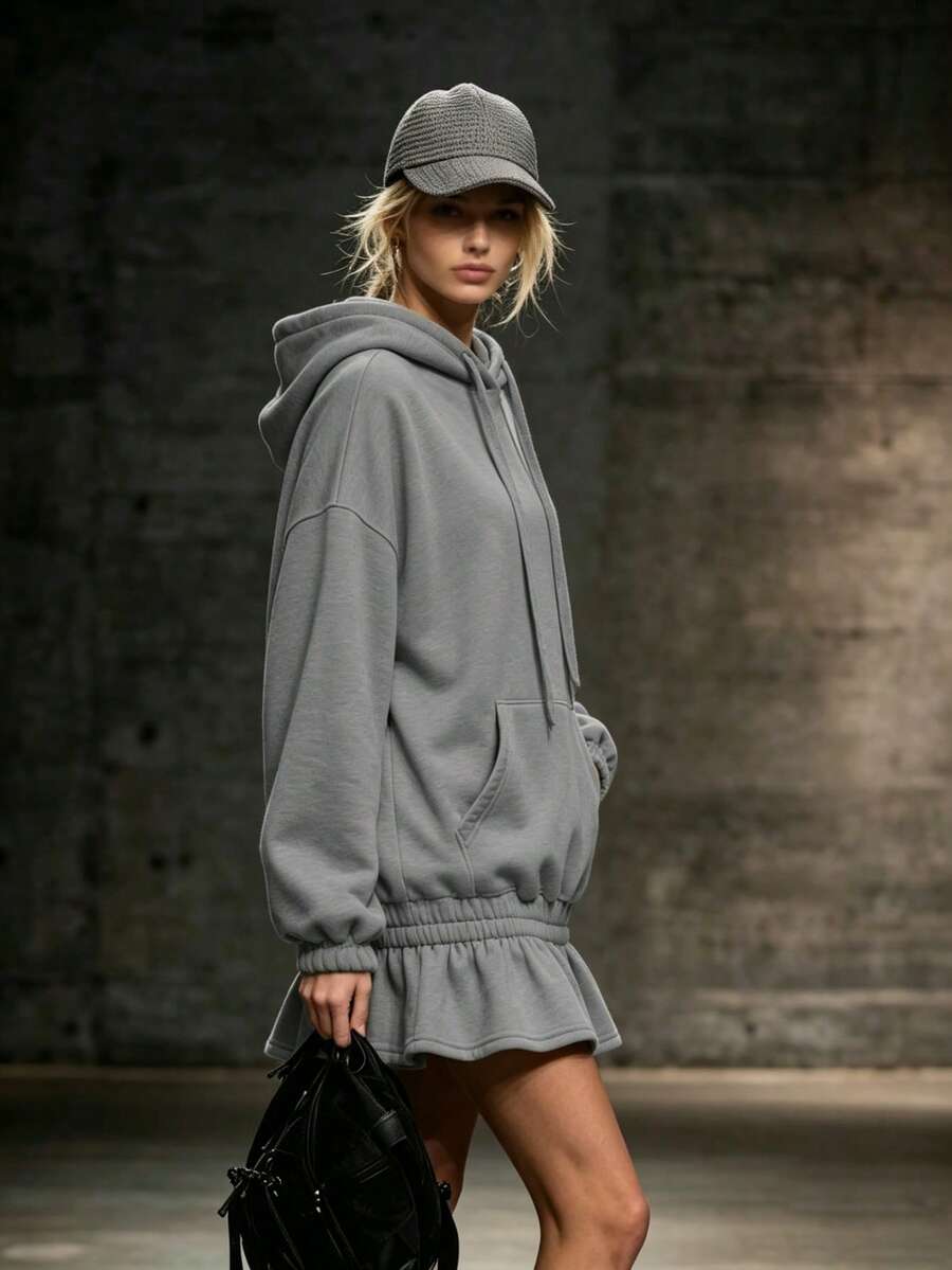 European & American Street Casual Hooded Sweatshirt Dress For Women, Drawstring Hood, Kangaroo Pocket, Dropped Shoulder, Long Sleeve, Ruffle Hem, Patchwork, Loose Fit, Slimming, Sporty Style, Short Dress - Grey - View 1