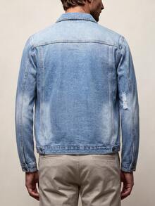 Men's Fashion Casual Street Distressed Multi-Pocket All-Match Denim Jacket, American Versatile Minimalist College Style Autumn/Winter Denim Outerwear - Light Wash - View 3