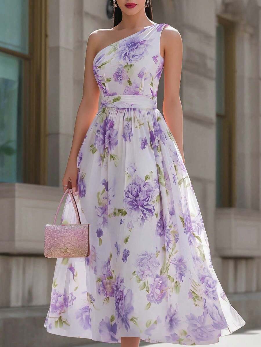 Elegante vestido de verano de estilo urbano chic para mujer, vestido de gasa maxi con estampado de peonía de dobladillo asimétrico en rosa, adecuado para uso diario, boda, evento formal, viaje al trabajo, de graduación, vacaciones, cita, Pascua,, Halloween, Navidad, Año Nuevo, Acción de Gracias, boda - Morado - Ver 1