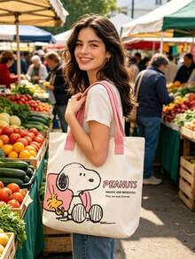1 buah Tas Tote Kanvas Kuning Bergambar Snoopy, Kapasitas Besar, Cocok untuk Perjalanan, Belanja, dan Penggunaan Sehari-hari, Hadiah Ideal untuk Ulang Tahun, Hari Valentine, Kembali ke Sekolah, dan Wisuda - MultiWarna - View 2