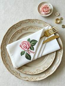 ABEST6522 Home&Living store Reusable Square Fabric Napkins Embroidered With Vintage Roses. Romantic Floral Table Decorations Fit Daily Dining, Parties, Weddings And Home Feasts. - Multicolor - View 1