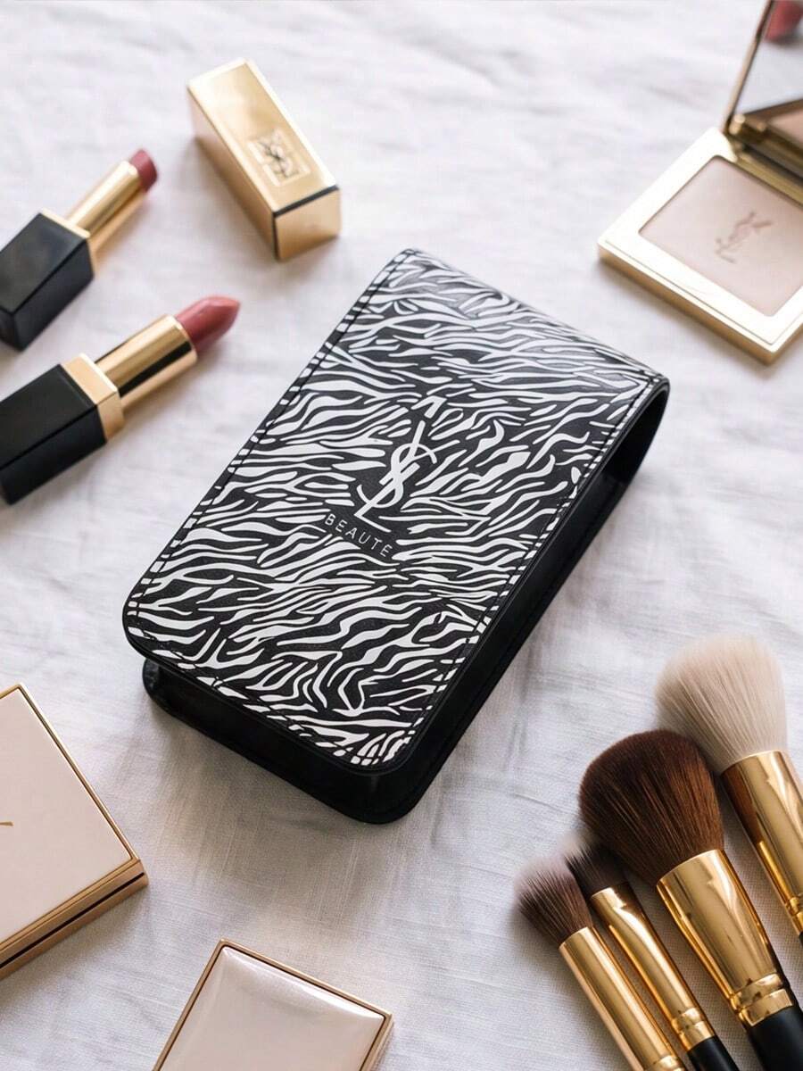 Yves Saint Laurent Compact Mini Red Zebra Print Envelope-Style Storage Bag With Built-In Mirror, Magnetic Closure, Portable And Lightweight, Fits Easily In Handbag, Convenient For Daily Dates, Shopping, Travel And Makeup Touch-Ups, Lipstick Organizer YSL-GIFT-140 - Black - View 1