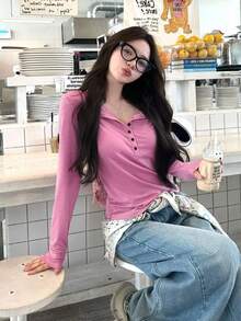 Half-Open Collar Solid Color Button Long Sleeve T-Shirt Early Autumn Design Women's Top - Hot Pink - View 4
