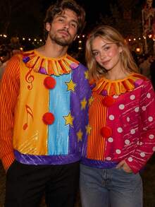 Couples Halloween Clown Costume 2-Person Conjoined Pullovers For Cosplay - Multicolor - View 3