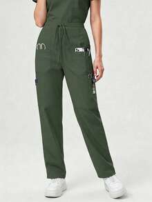 Pantalones de mujer/enfermería, pantalones cómodos, pantalones de unicolor y de bolsillos múltiples simples para primavera - Verde Oscuro - Ver 4