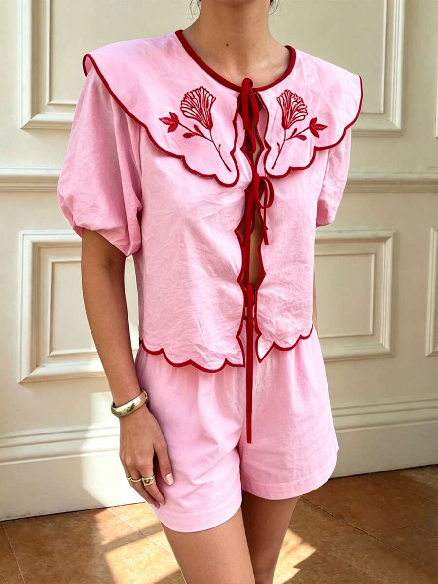 Women's Peter Pan Collar Embroidered Lantern Sleeve Shorts 2-Piece Set, French Vintage Style Casual Outfit, Spring/Summer Vacation Daily Wear - Pink - View 1