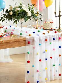 1/2pcs Cute Party Tablecloth With 3D Velvet Pom Poms, Colorful Polka Dot Sequin Tulle Table Runner, Macaron Color Mesh Gauze Rainbow Restaurant Decor, Suitable For Birthday Wedding Home Party - Multicolor - View 8
