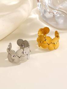 1/2pcs Stainless Steel 18K Gold Plated Minimalist Flower Ring, Suitable For Women's Daily And Party Wear - Multicolor - View 4