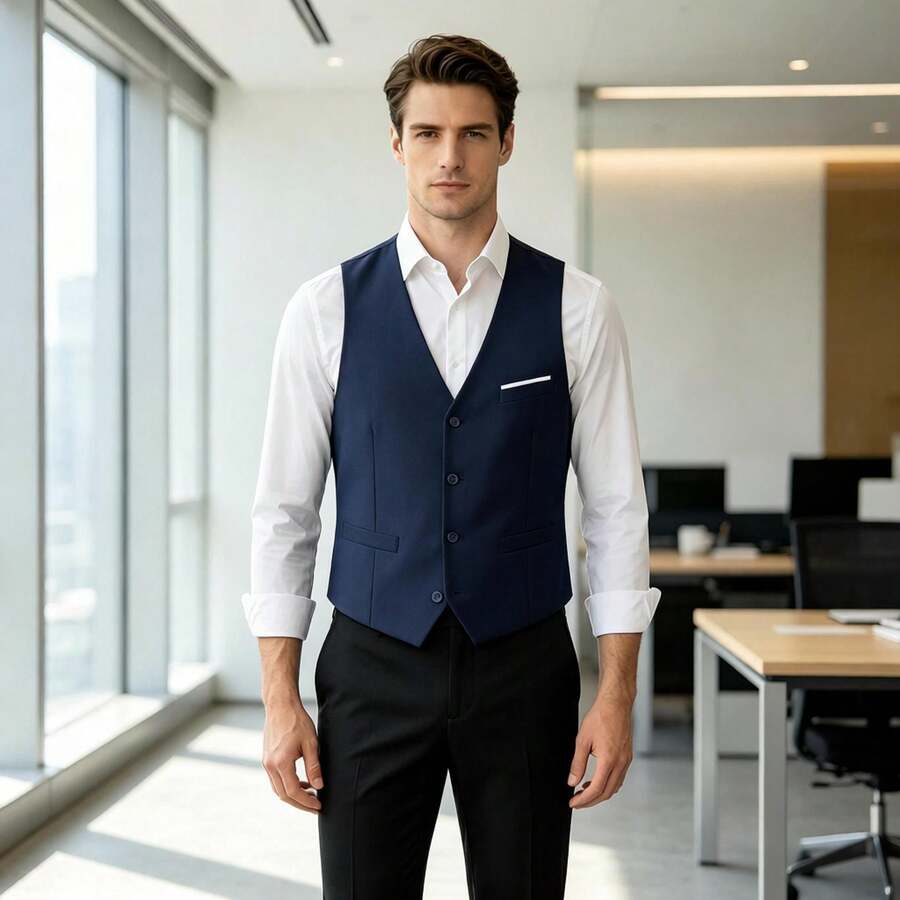 Navy Blue Structured Cut Dress Waistcoat Accented Pocket Trim Functional Side Patch Pockets Size XS-XXXL - 藏蓝色 - 查看 1
