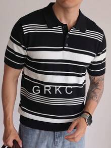 Men's Polo Shirt, Turn-Down Collar, Short Sleeve, Knitted, Slim Fit, Straight Cut, Casual Daily Wear, Horizontal Striped Knit T-Shirt, Spring/Summer - Black - View 6