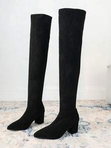 [Qishangda]Botas altas por encima de la rodilla para mujer, nuevo estilo otoño/invierno, tacón grueso, efecto estilizante, forro térmico, elásticas, talla grande, caña alta - Negro - Ver 4