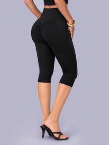 Women High Waisted Crossover Capri Yoga Leggings, Ruched Back Workout Gym Pants For Running Pilates Training Casual Activewear Sports - Black - View 7